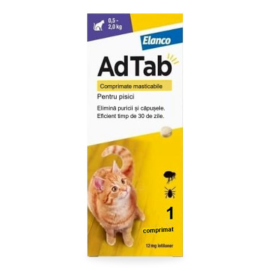 AdTab Cat 12 mg – Deparazitare externa pentru Pisici 0,5–2 kg, 1 Tabletă, Elanco